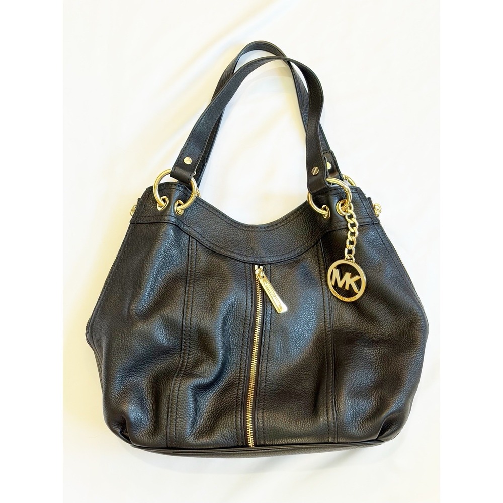 Michael Kors Moxley Black Gold Leather Bag Zippers
